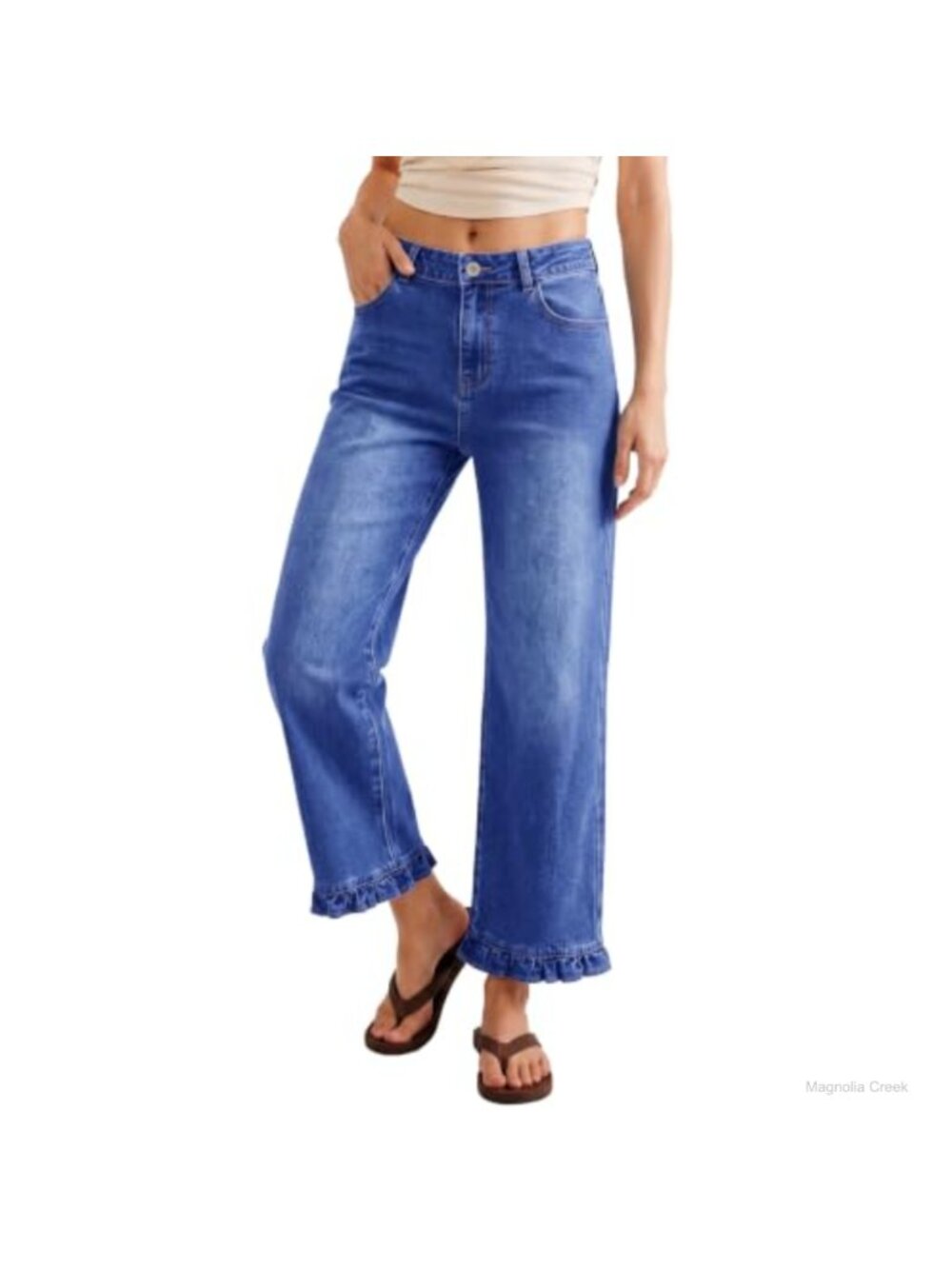 Sidefeel Ruffle Wide Leg Straight Jeans Stretch Denim Pants